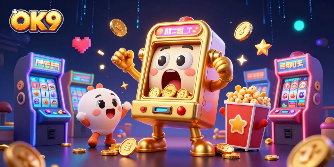 Experience thrilling jackpots with OK9's vibrant slot machine and cheering companions in a dynamic casino scene.