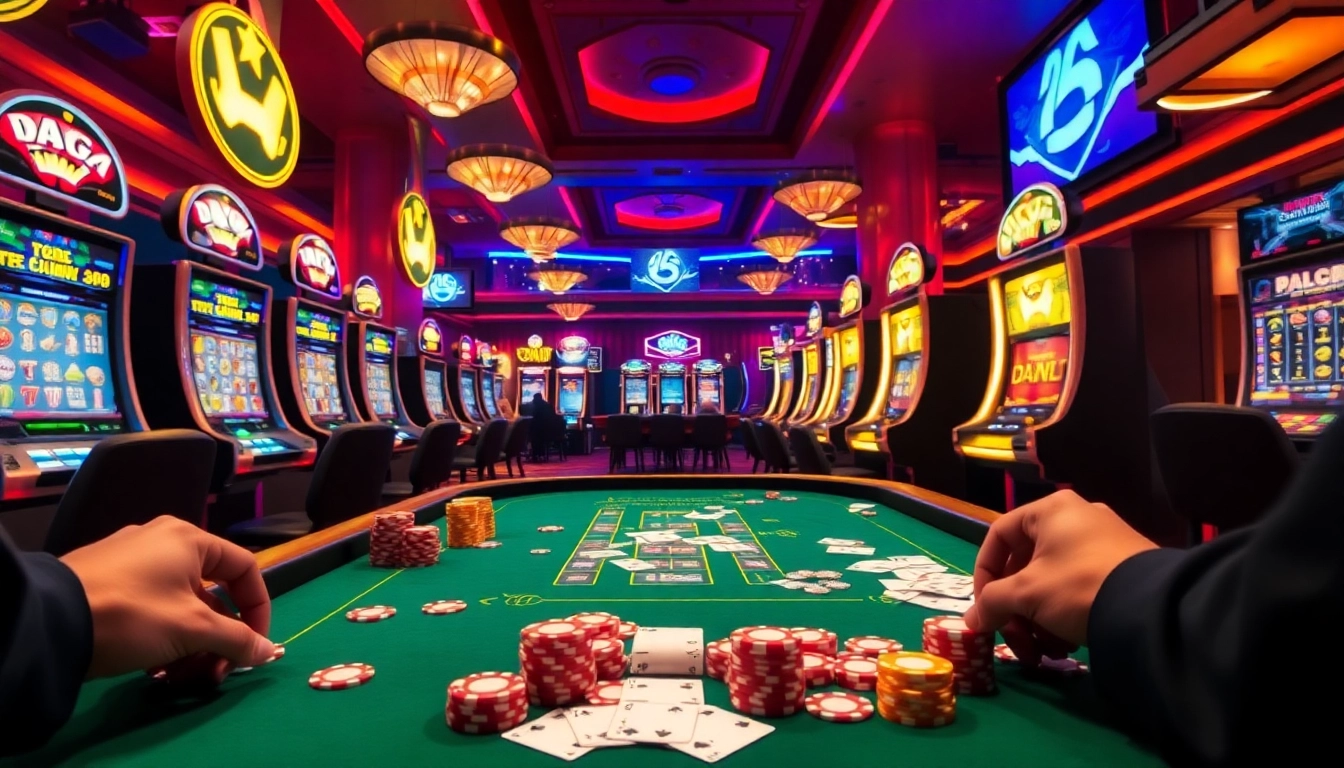 DAGA casino table with vibrant poker chips and cards, capturing an exciting gambling scene.