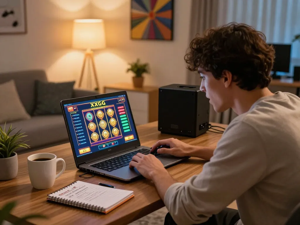 Player engaging in XXGG online casino gaming on laptop with colorful slot interface.