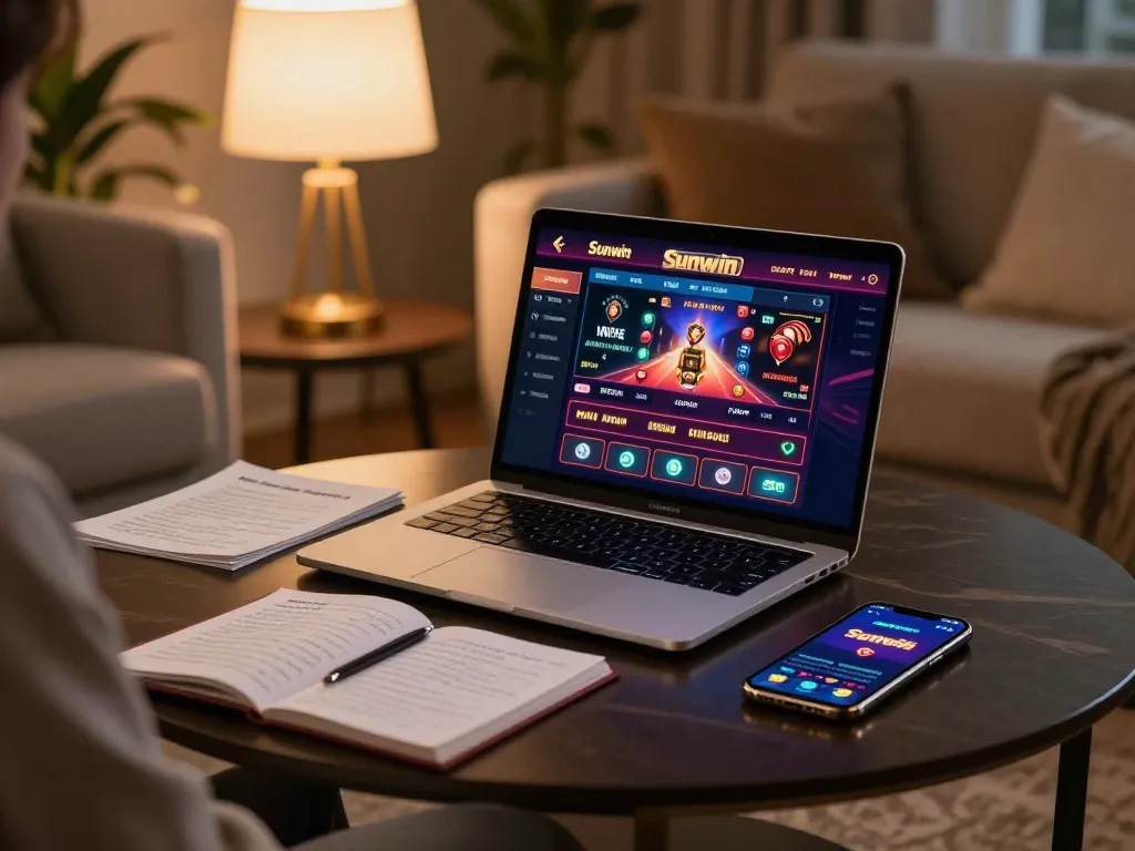 Engaging with the Sunwin casino app on a cozy couch while analyzing betting strategies.