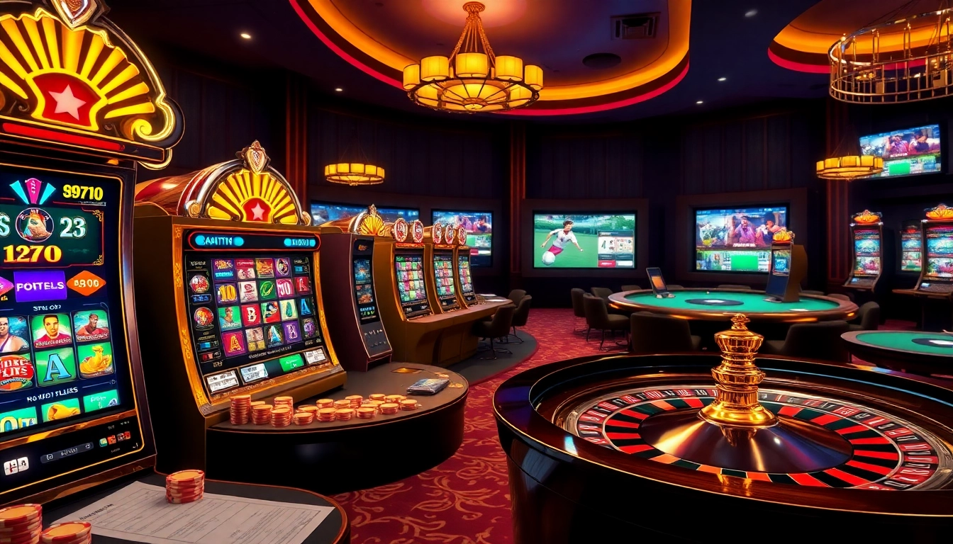 An engaging scene from 8kbet featuring vibrant slot machines and a roulette wheel in a luxurious casino setting.