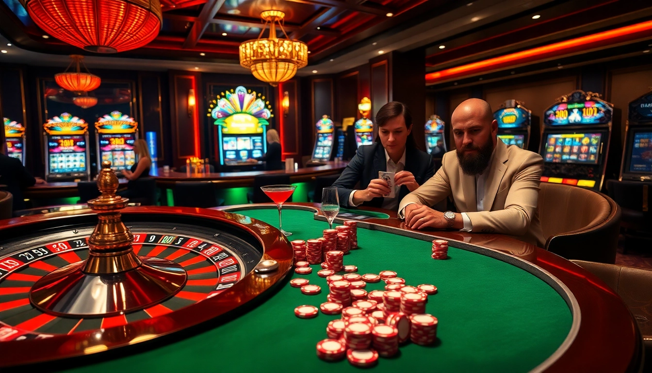 Experience the thrill of sophisticated gambling at 88vv with vibrant casino tables and players.