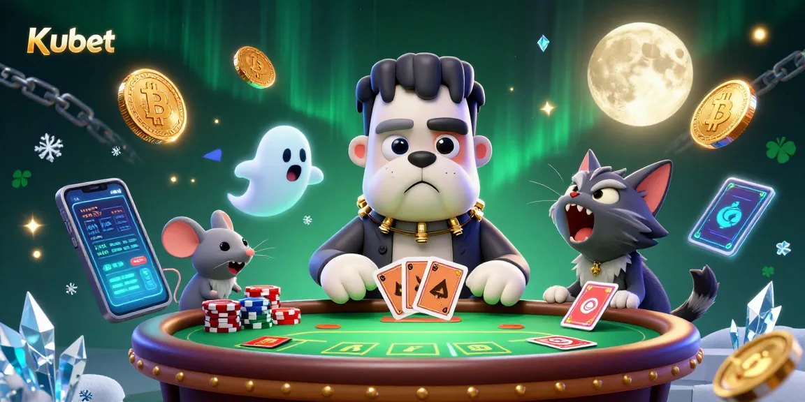 Kubet showcases a vibrant 3D scene with a bulldog monster dealing poker cards, embodying the essence of online gambling.