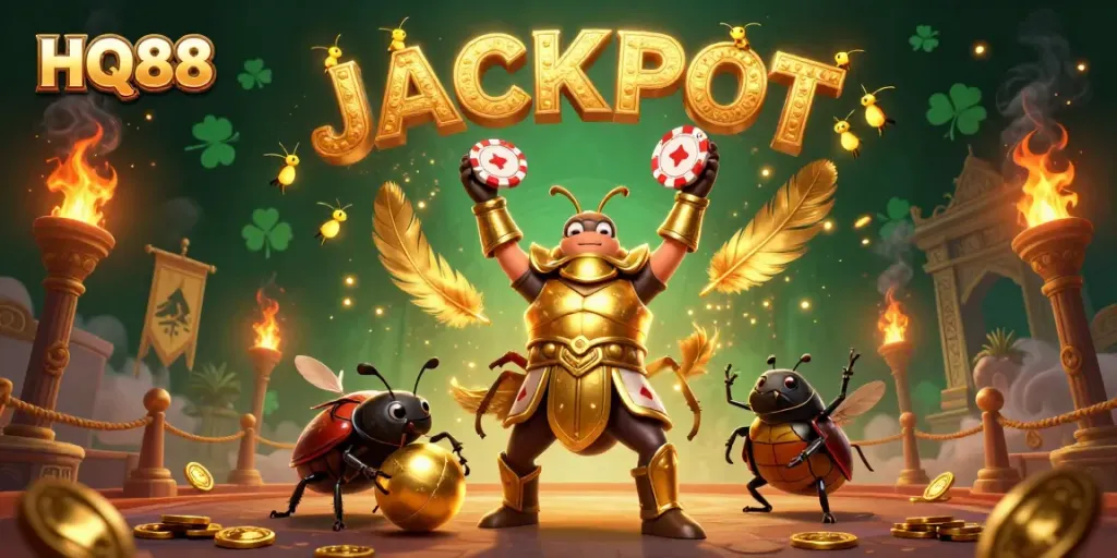 Experience thrilling gameplay at HQ88 with an exciting 3D illustration of victory and jackpot elements.
