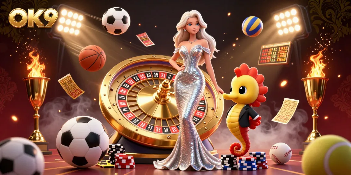 Experience the thrill of OK9’s vibrant gaming atmosphere with a stunning woman beside a golden roulette wheel.