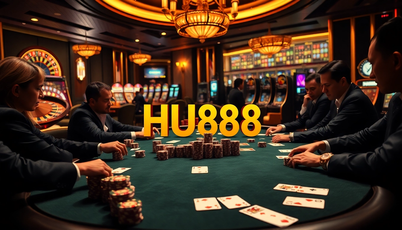 Experience intense poker gameplay at HU88 with luxurious tables and vibrant casino elements.