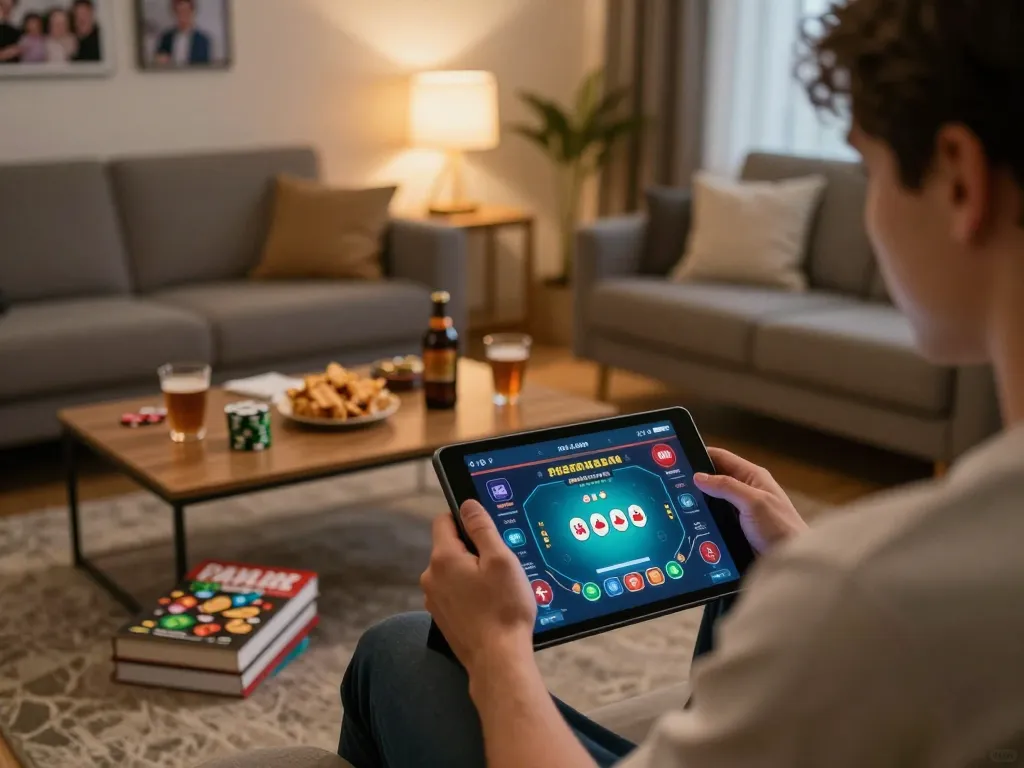Lô Đề Uy Tín online gaming scene, person actively participating in gambling on tablet in a cozy home setting.