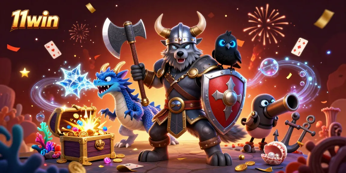 Experience excitement with 11win’s dynamic gaming scene featuring a Viking wolf warrior and dragon.