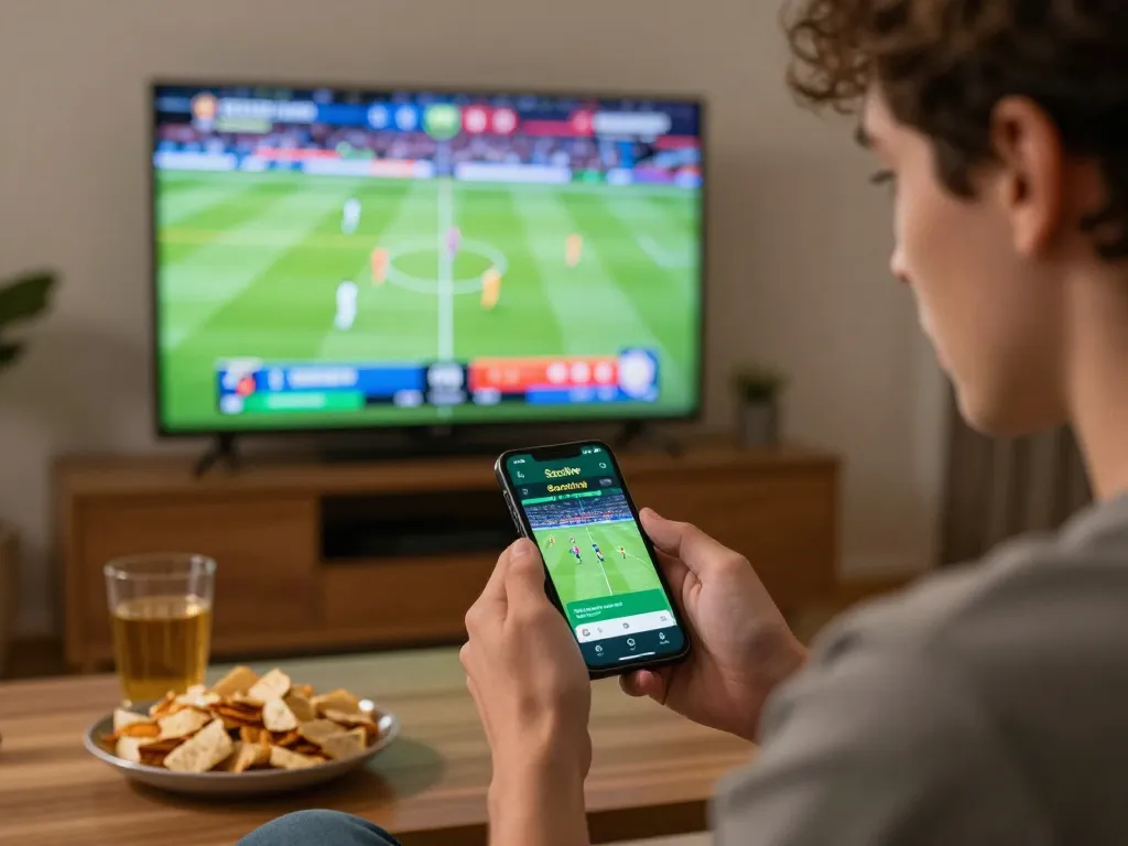 Socolive app user placing bets while watching a live football match at home, showcasing strategic sports betting.