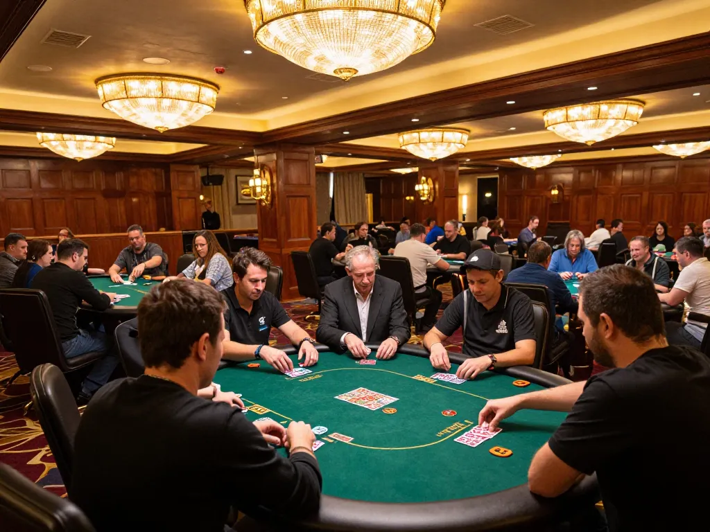 Exciting game at luck8 casino with focused players at poker tables and vibrant ambiance.