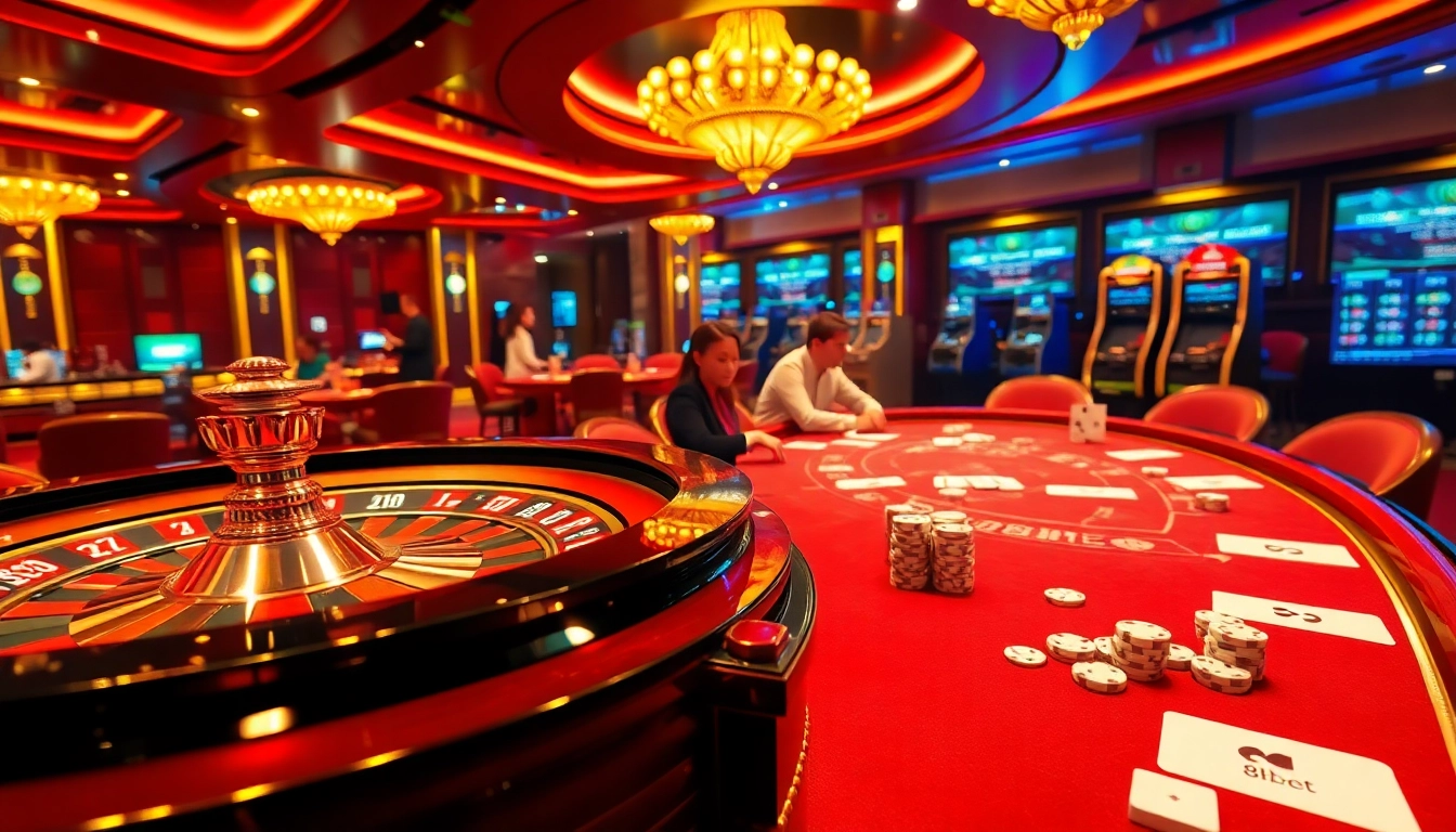 Experience thrilling gameplay at 8kbet with a vibrant casino atmosphere featuring roulette and poker tables.