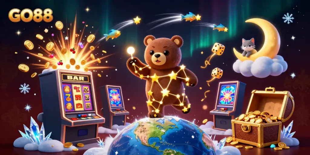 GO88 jackpot explosion scene showcasing a constellation bear, treasure, and casino game elements