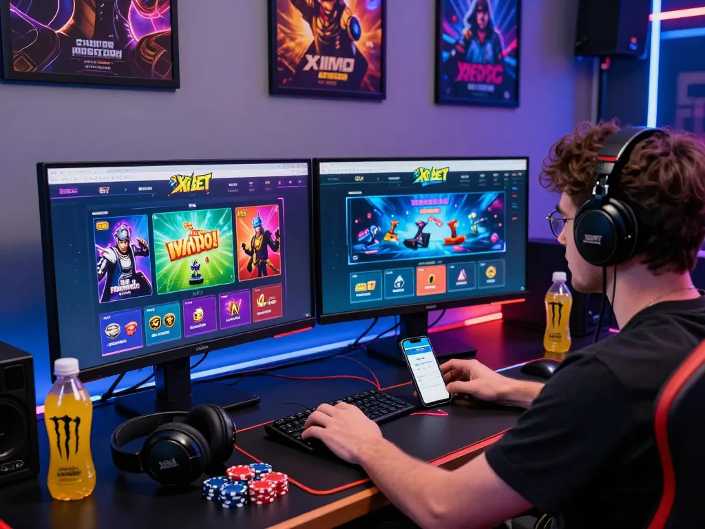 Xibet online gaming experience featuring vibrant displays, immersive gaming setup, and promotional offers.