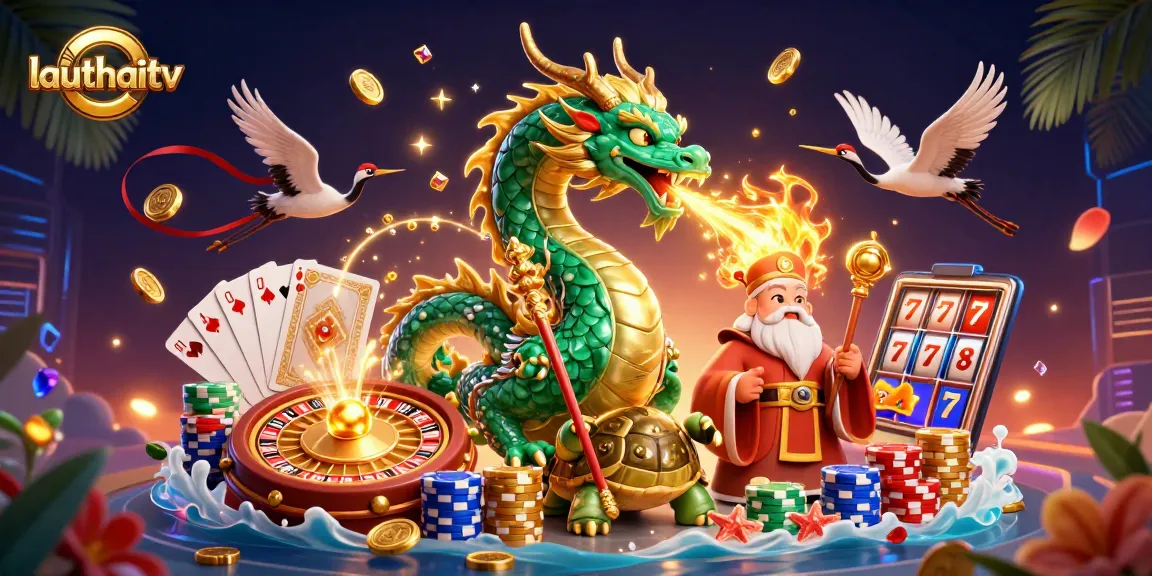 Engage with lauthaitv's immersive gaming experience featuring a vibrant 3D casino scene with a jade dragon.