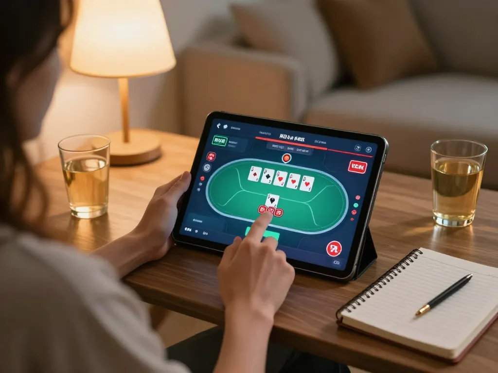 Player enjoying lc88 online poker at home, analyzing strategies and placing bets.