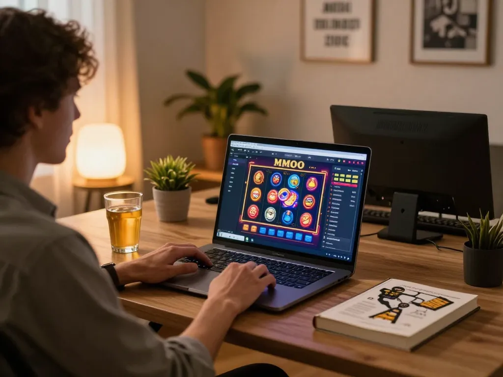 Experience MMOO online gaming environment with vibrant slot games and cozy setup