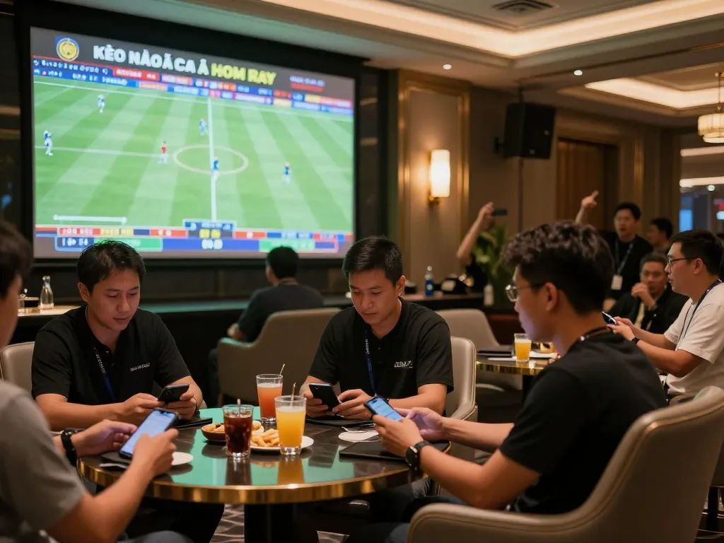Kèo Nhà Cái Hôm Nay vibrant sports betting scene with gamblers placing bets in a stylish lounge