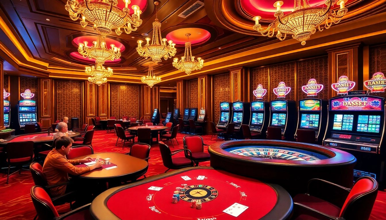 Experience thrilling gameplay at da88st.com with an exciting poker table and roulette in a luxurious casino setting.