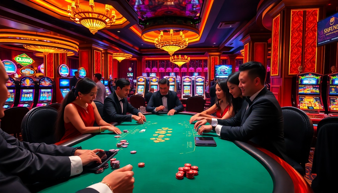 Engage in thrilling gameplay at https://sclub88.app/, showcasing a poker scene in a luxury casino.