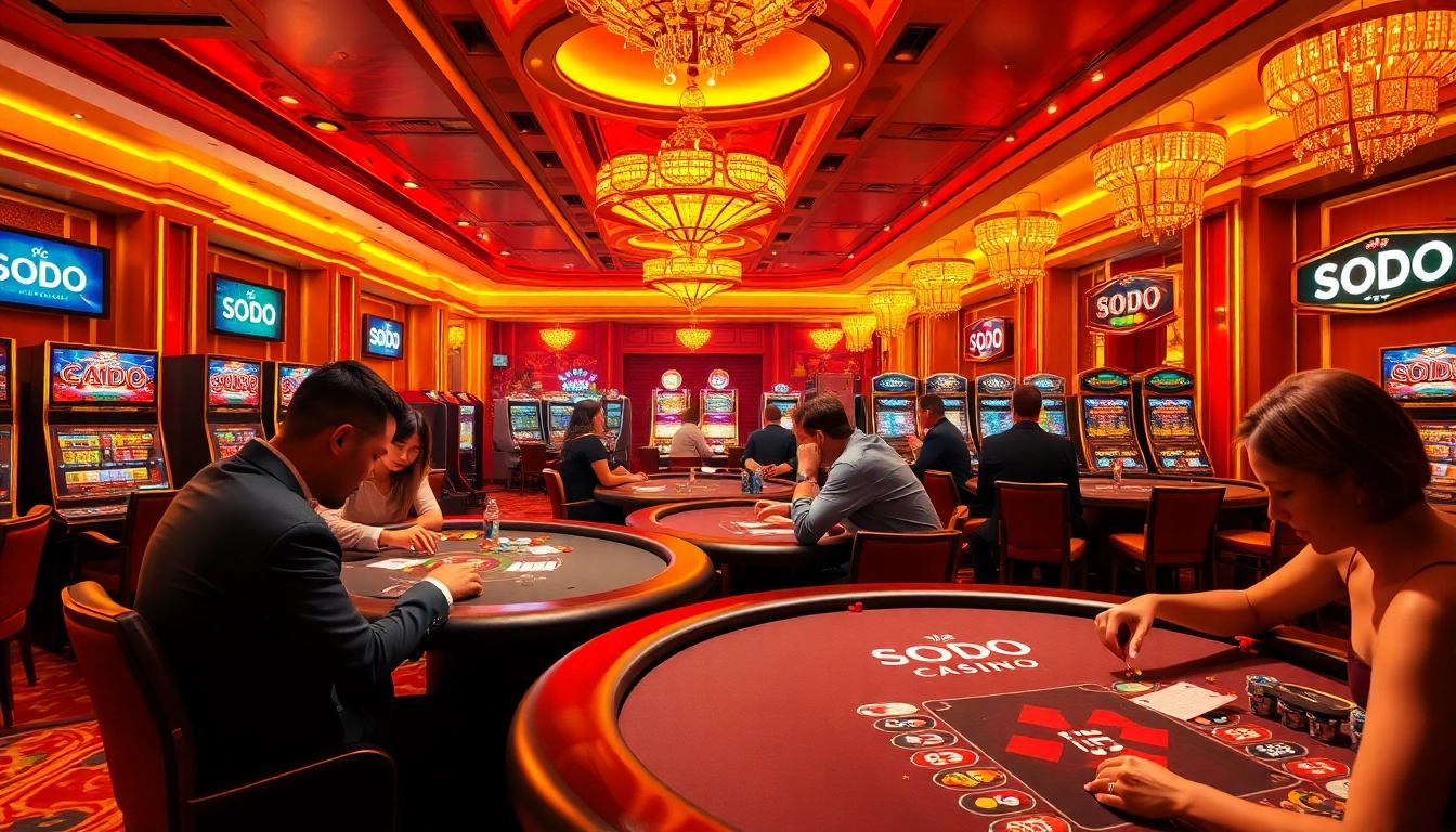 SODO Casino players enjoying high-stakes poker in a luxury gambling hall filled with excitement