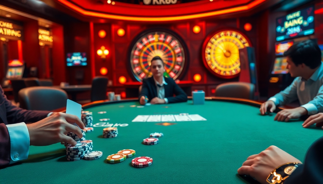 Experience the thrill at uk88 with a lavish poker scene filled with colorful chips and cards.
