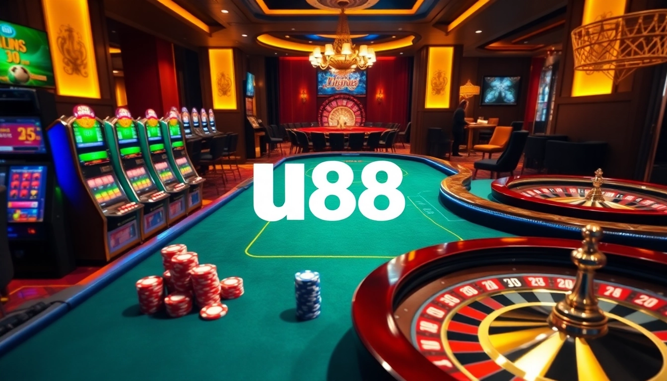 Players enjoying a lively u88 casino table experience with vibrant poker chips and flashing slot machines.