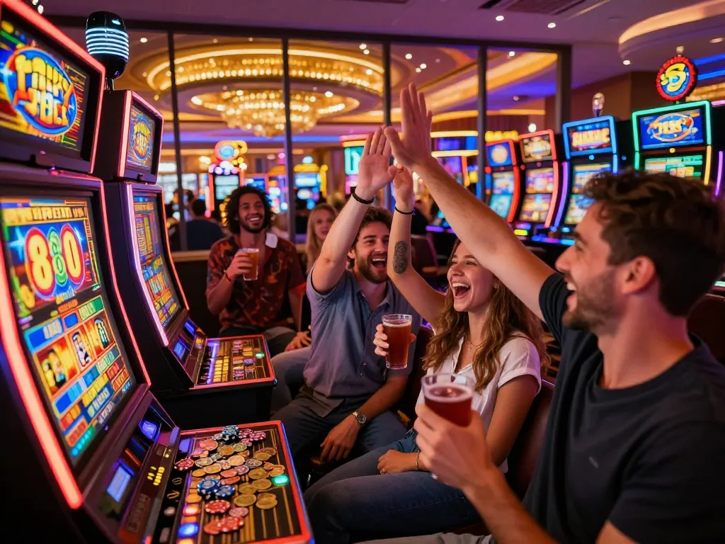 Excited friends celebrating a win at the Lucky 88 slot machine at https://lucky88.foo/ in a vibrant casino atmosphere.