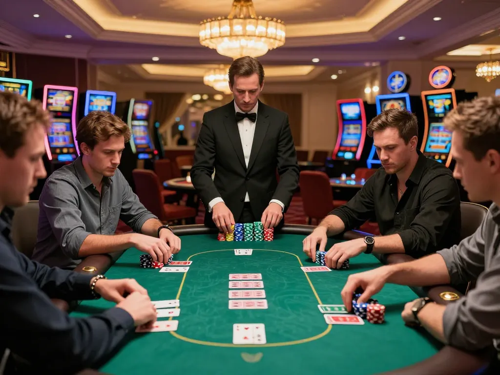 O8 players competing in an intense poker game, showcasing vibrant chips and cards in a luxury casino.