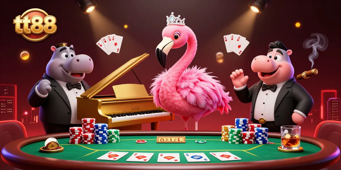 Experience the vibrant tt88 casino atmosphere with a 3D flamingo singer at a glamorous poker table setup.