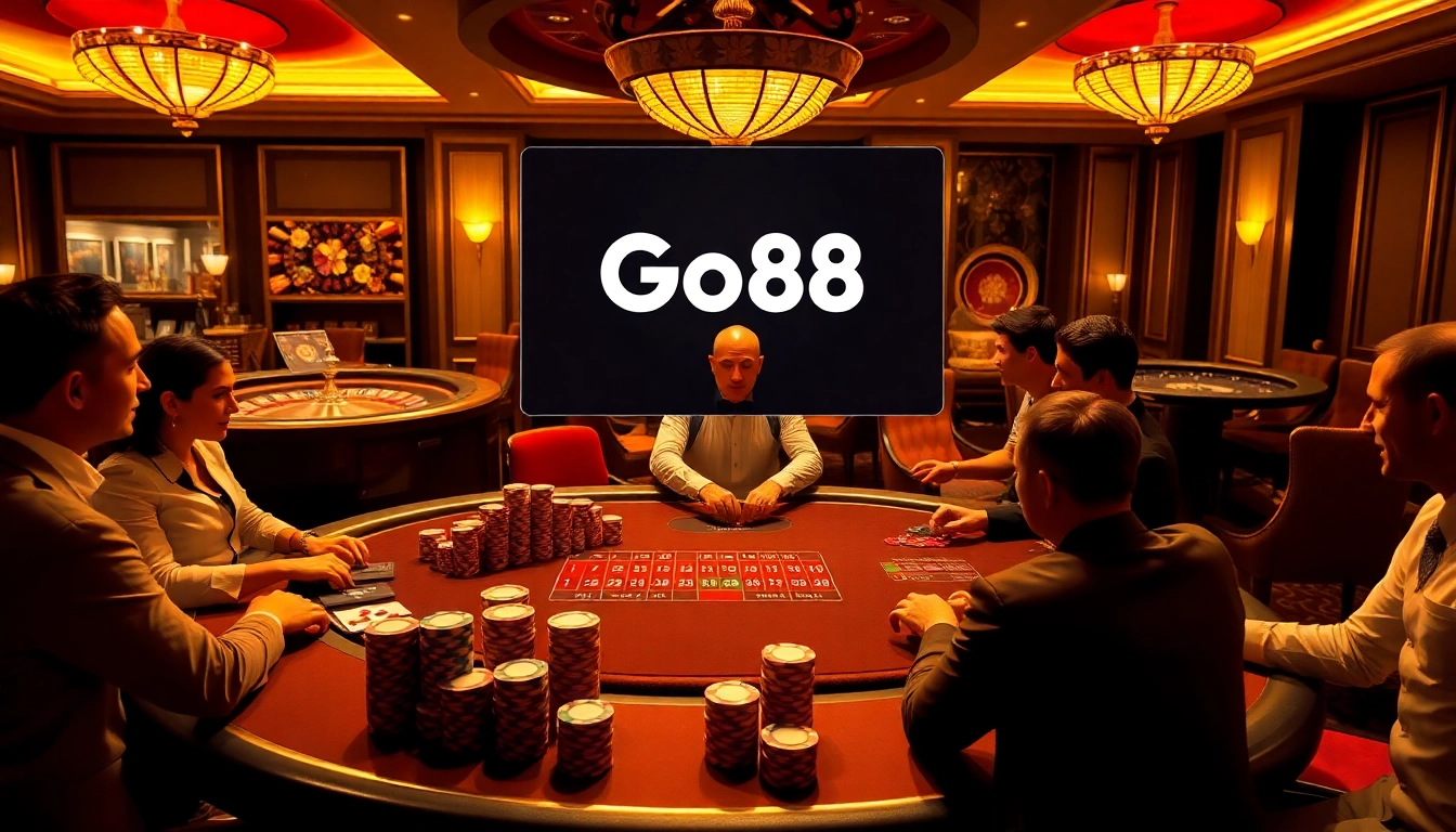 Engaged players at a Go88 blackjack table in a vibrant casino atmosphere