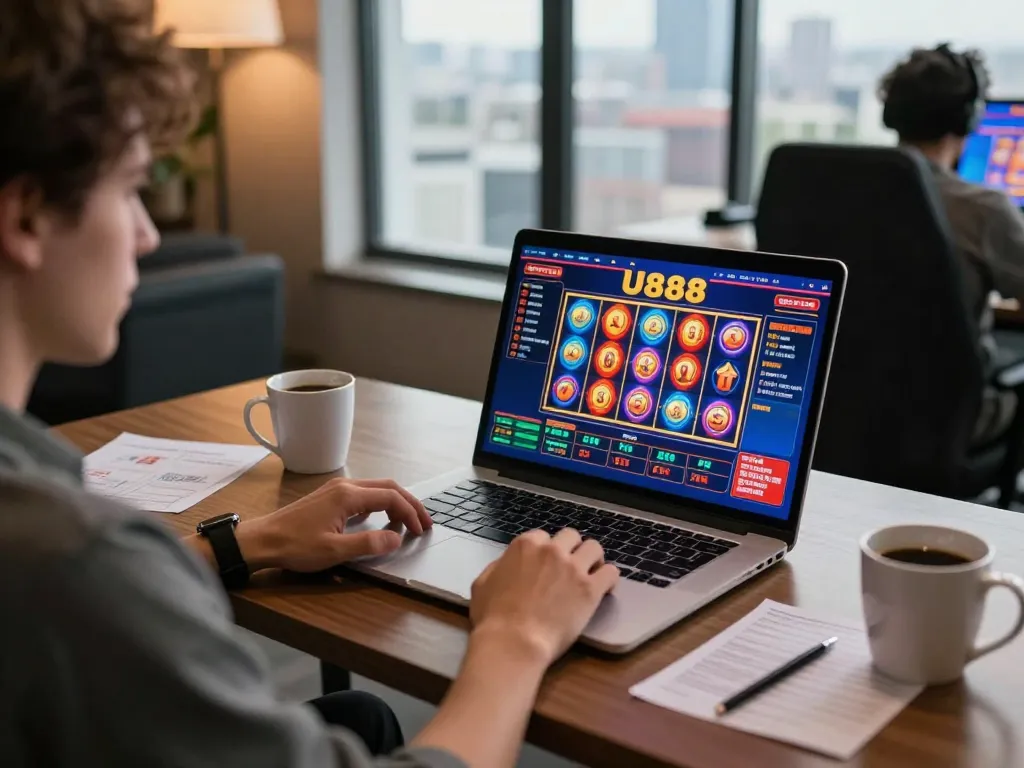 Engaged player experiencing thrilling moments with U888 online slots interface.