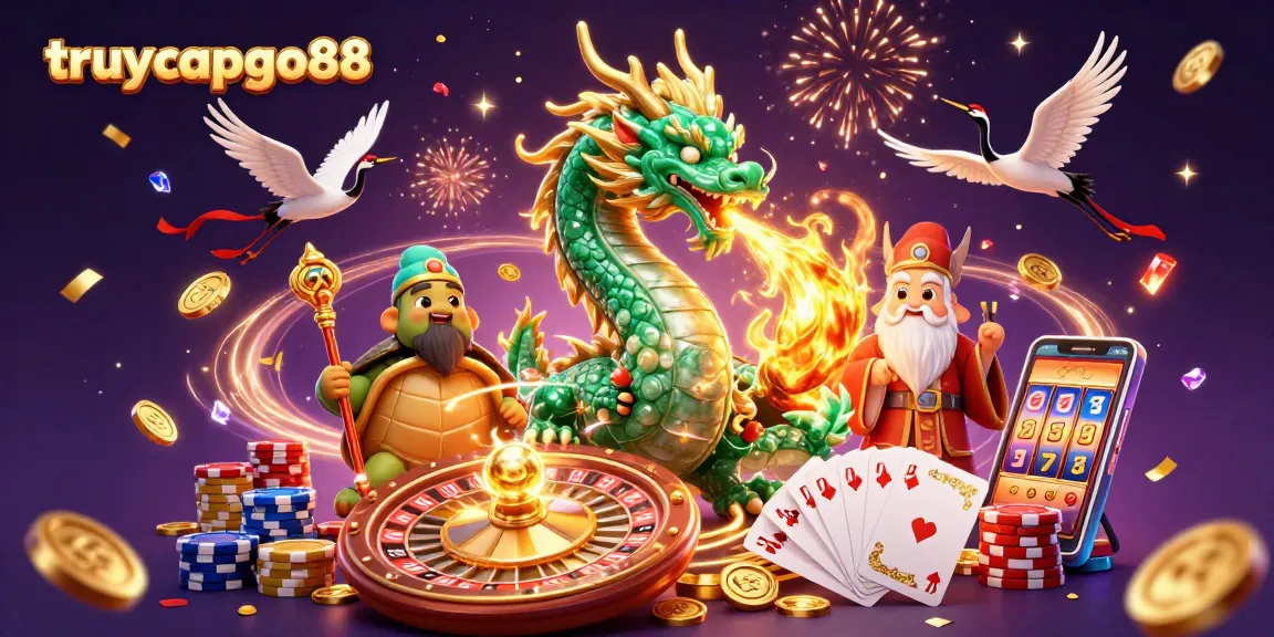 Experience the excitement of truycapgo88 with a vibrant 3D illustration of a dragon and casino elements.