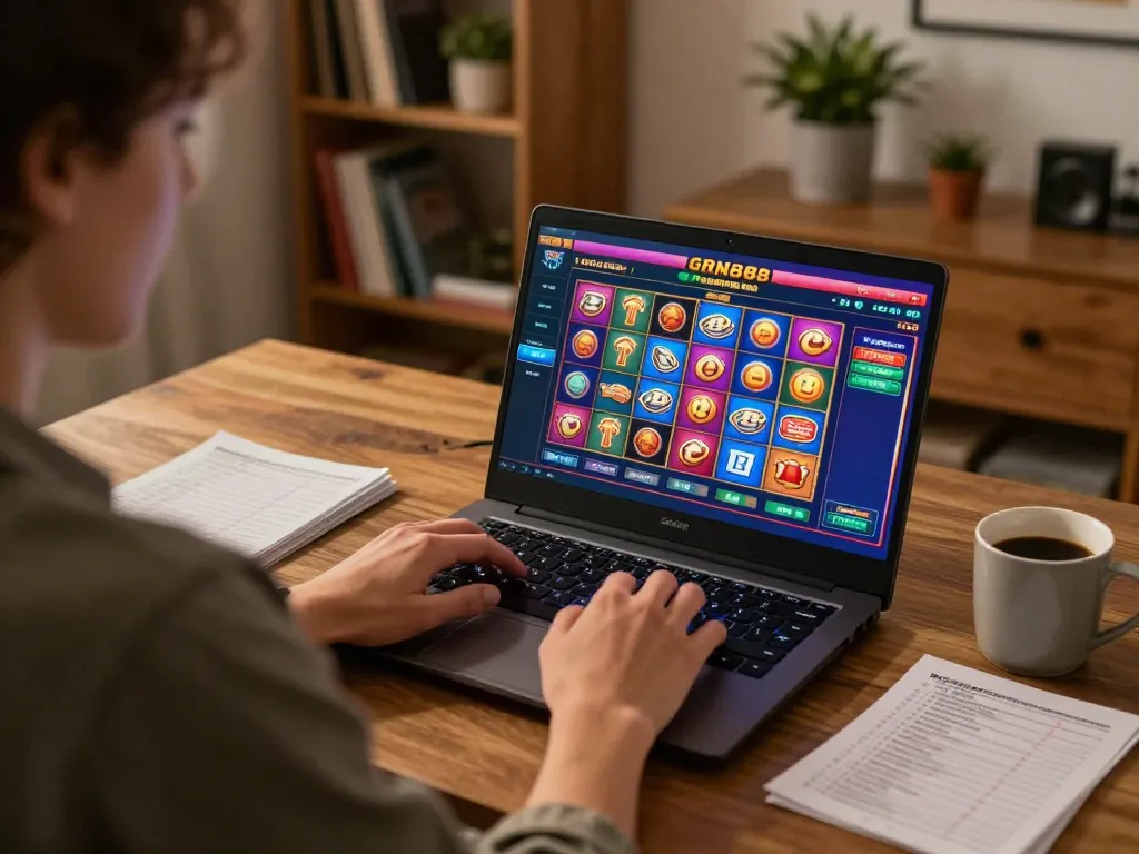 Player engaging with GK88's online casino, enjoying a winning spin at home