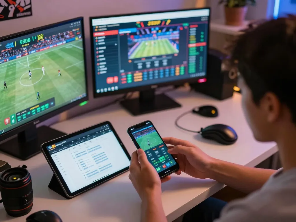 Betting with 98win on multiple screens, showcasing live sports events in a dynamic home environment
