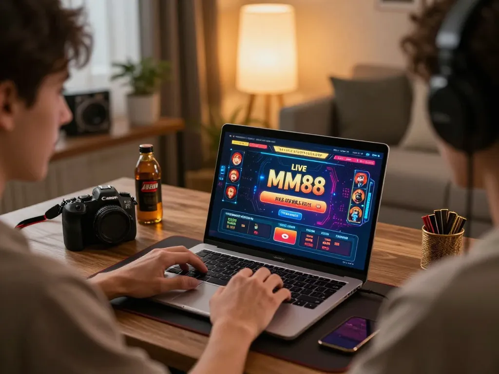 Engaged player exploring MM88 live dealer games on a stylish laptop in a cozy home office.