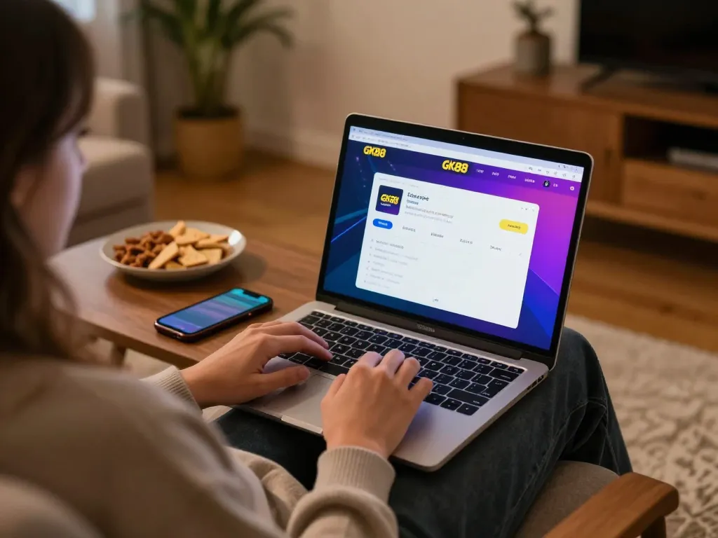 Engaging home gaming scene with GK88 app on screen, highlighting a comfortable betting environment