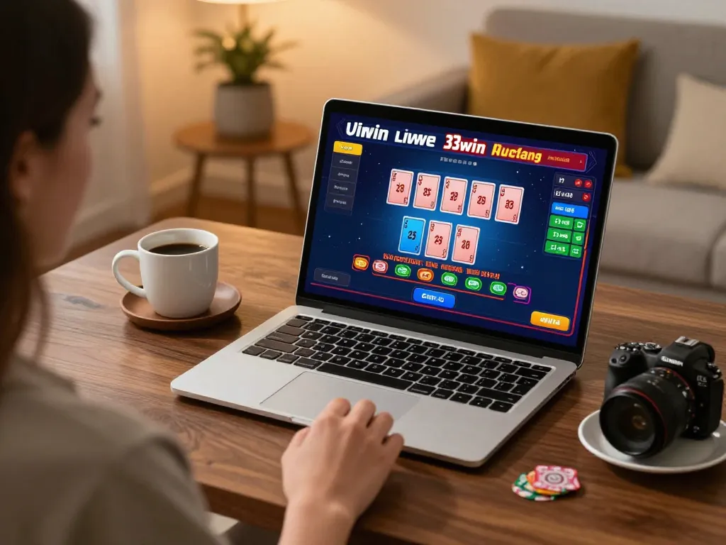 Engaged player using 33win for live dealer blackjack, showcasing online gaming strategy