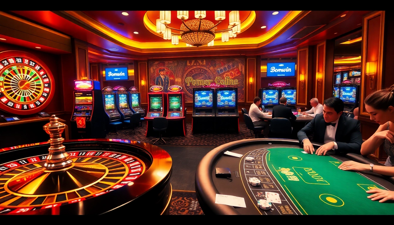 Engaging gamblers at a high-stakes table with Bomwin gaming elements in a vibrant casino setting.