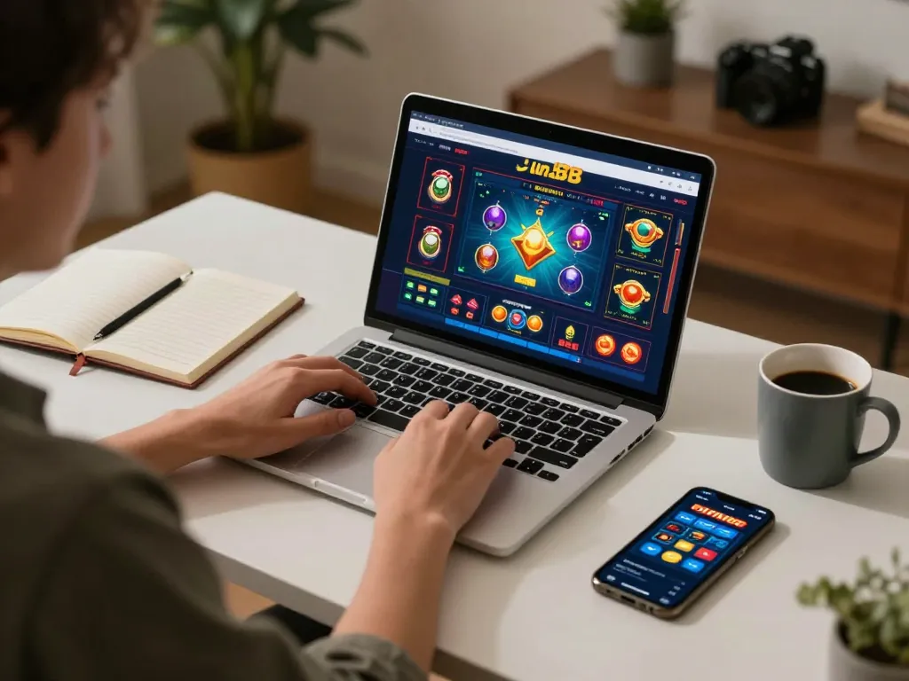 Engaging player accessing jun88 online casino interface, showcasing strategic gameplay elements in a comfortable setting
