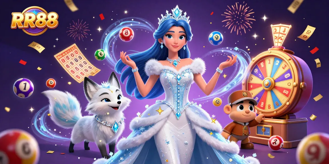 Win prizes at RR88, illustrated with colorful lottery and casino elements in a magical scene.