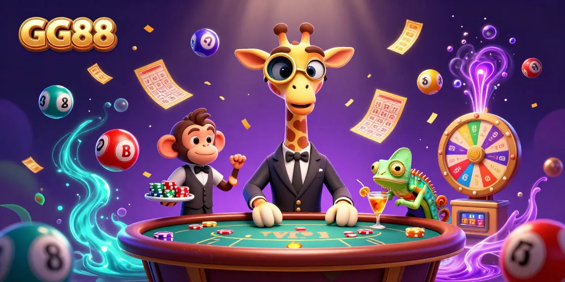 Observe GG88's vibrant casino scene with a giraffe, monkey, and chameleon creating excitement at the poker table.