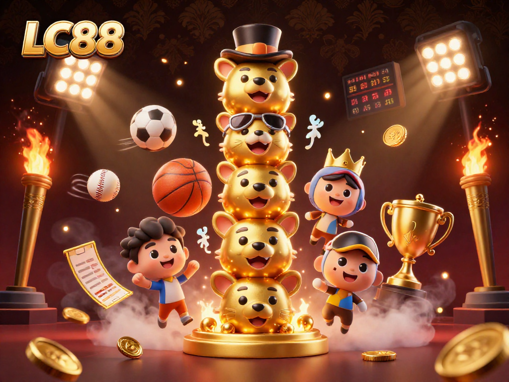 Engage with thrilling gaming experiences at LC88, featuring dynamic sports elements and a vibrant casino totem.