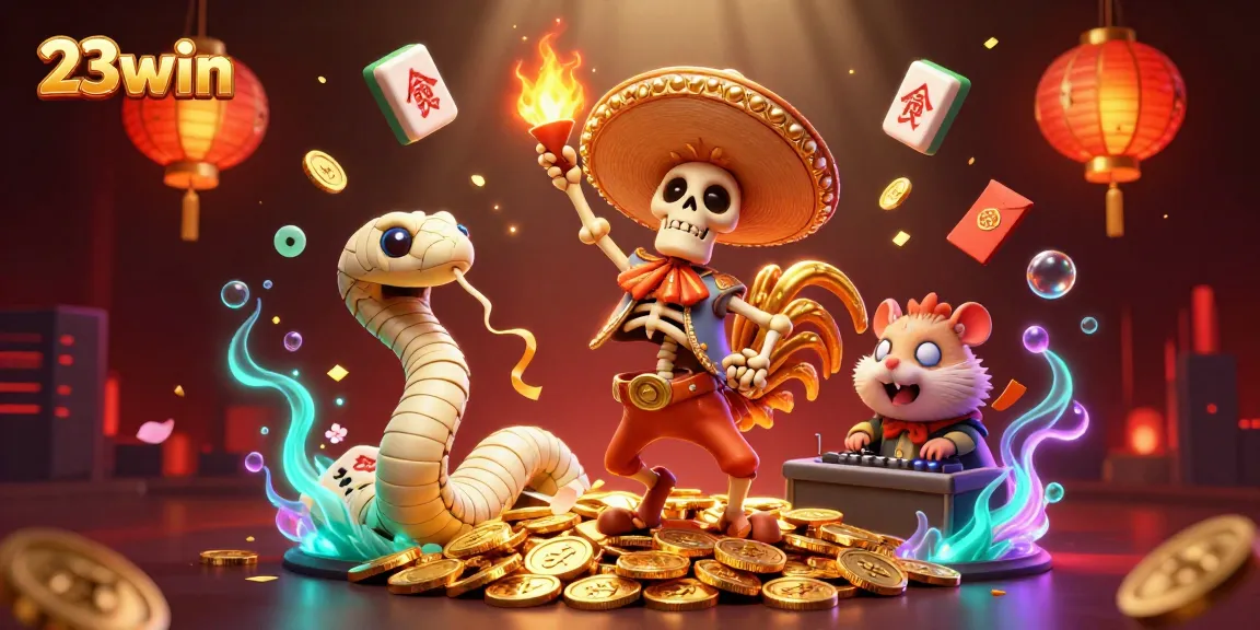 Experience exciting wins at 23win with a vibrant 3D casino illustration celebrating diverse gaming.