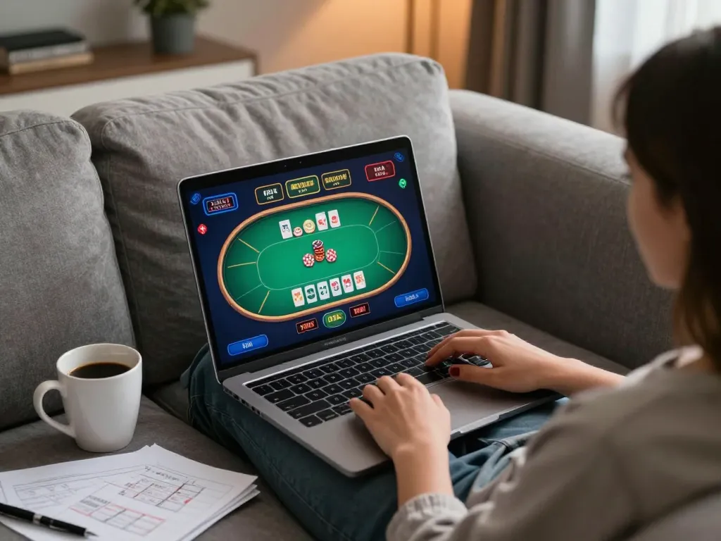 Engaging LC88 poker game on laptop illustrating home gaming strategy and enjoyment.