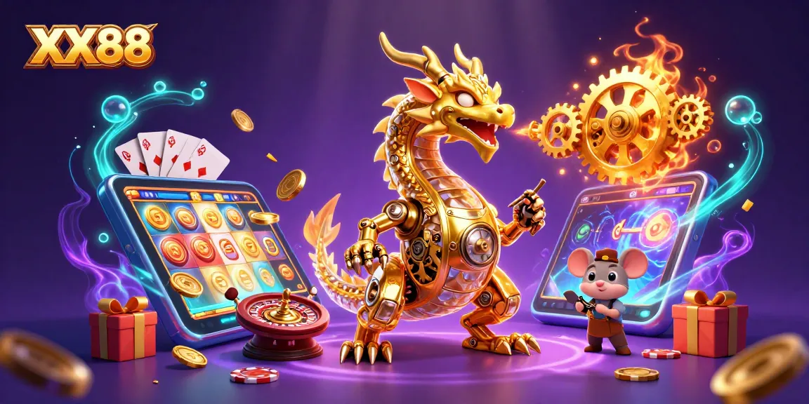 Experience thrilling gameplay at XX88 with dynamic 3D illustrations featuring golden dragons and exciting casino elements.