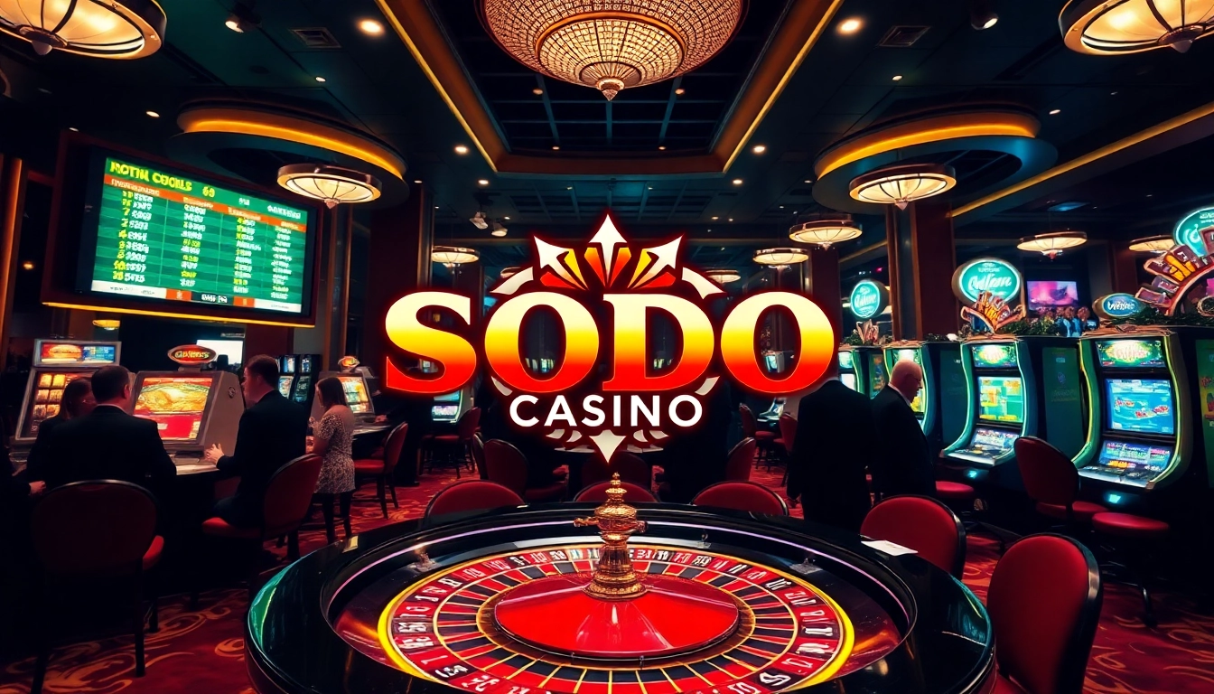 SODO Casino table games featuring roulette and glowing slot machines in a vibrant atmosphere.
