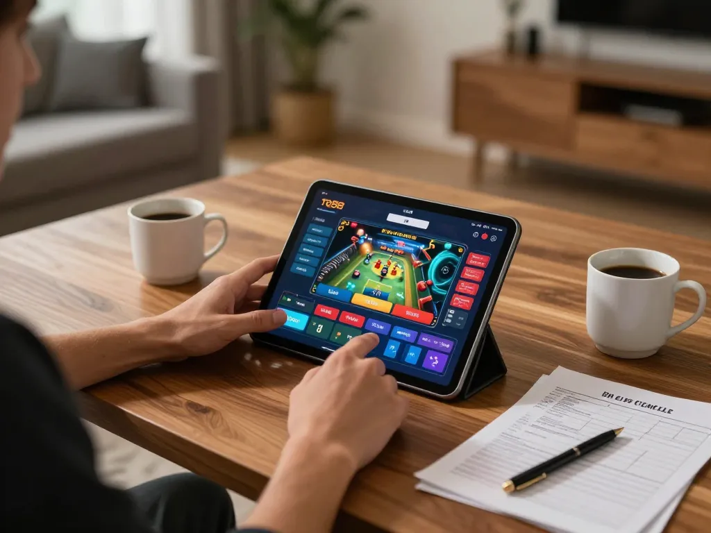 Engaging with the tg88 casino app on a tablet in a cozy home setting during online gaming.