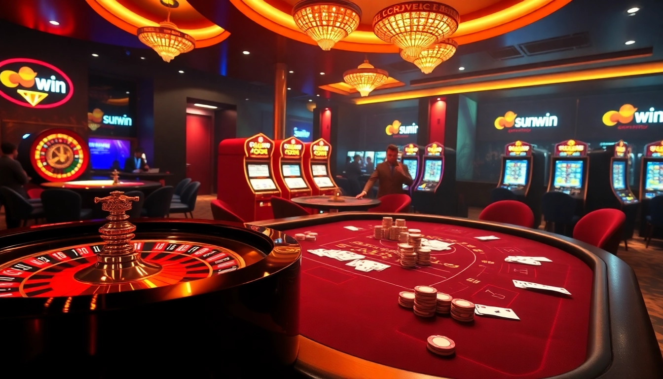 Exciting scene depicting players at a sunwin casino, engaging in roulette and poker games.