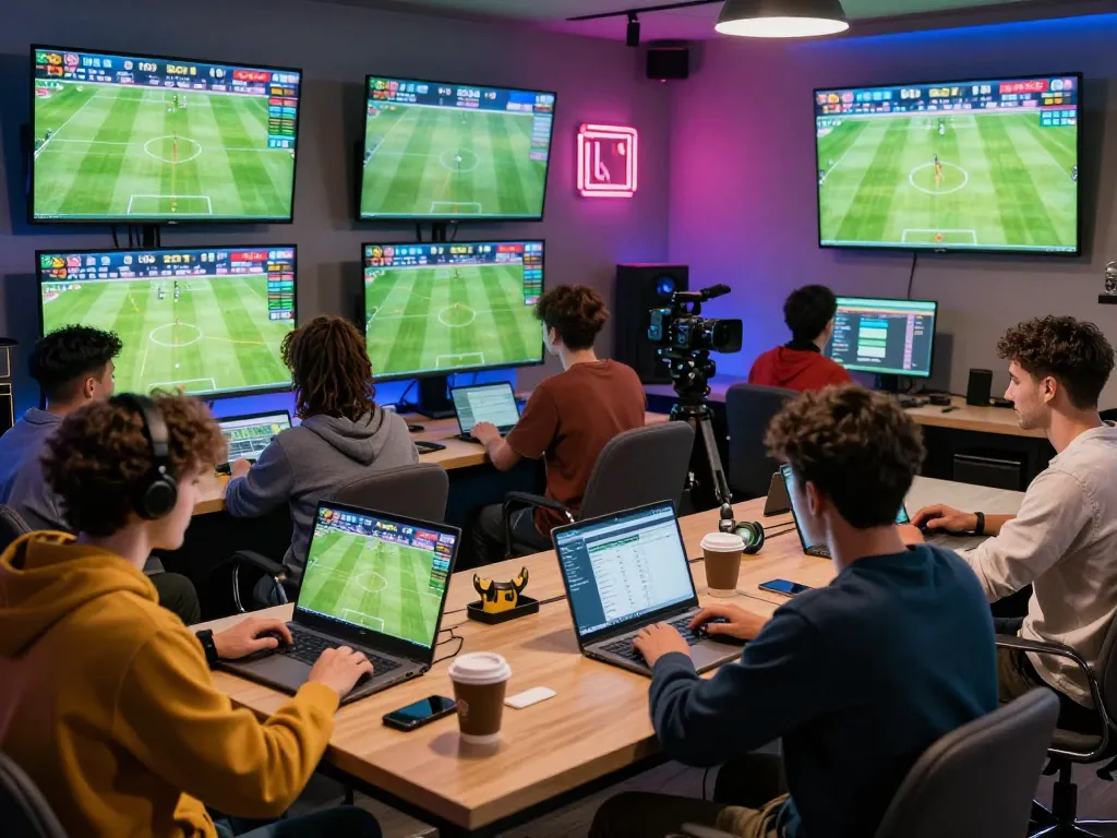 KQBD sports betting scene with enthusiastic bettors analyzing real-time match data on multiple screens