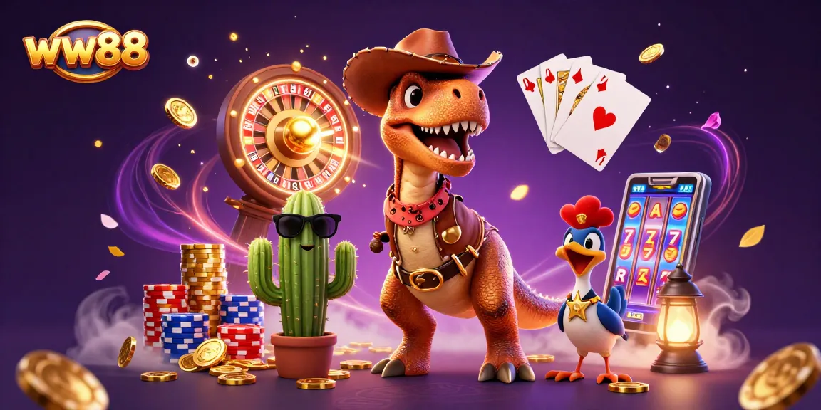 Win big with ww88 in this vibrant 3D casino scene featuring T-Rex and friends surrounded by exciting gaming elements.